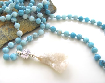 Hand Knotted Jade Mala Necklace: Quartz Geode, Silver Lotus, 108 Beads
