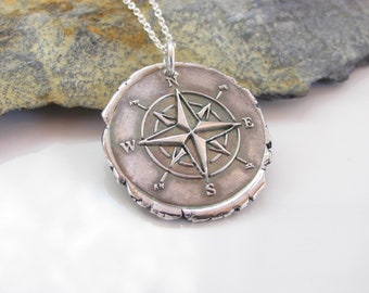 Compass Rose Necklace - Hand Made from Fine Silver- Sterling Chain - Made to Order - Silver Compass Jewelry - True North - Free Shipping