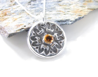 Fine Silver Flower Pendant: Citrine Gem, Sterling Chain