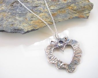 Handmade Fine Silver Sacred Heart Necklace: Moonstone Sterling Silver Chain