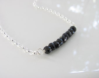 Black Spinel Necklace - Sterling Silver and Beautiful Spinel Gemstones - Rolo Chain - Gemstone Line Necklace - Ready to Ship - Layer Jewelry