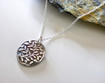 Handmade Oxidized Fine Silver Leaf Pendant Necklace - Sterling Chain