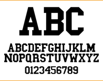 May include: Black varsity-style alphabet letters, numbers, and the text "INSTANT DOWNLOAD" on a white background with an orange border. The letters ABC are larger than the rest of the alphabet.