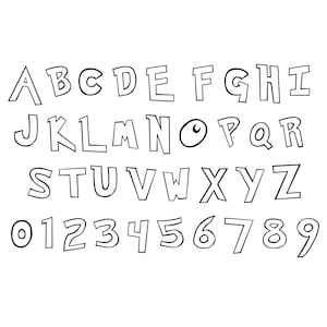 May include: Black and white cartoon alphabet and numbers with a bold outline. The letters and numbers are in a playful, whimsical style.