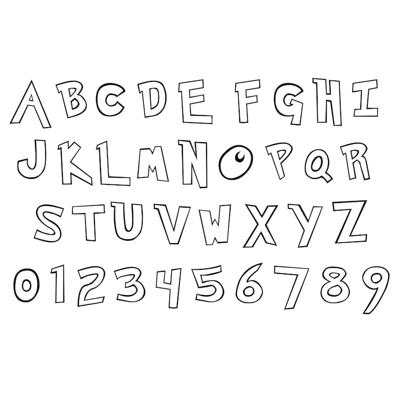 May include: Black and white cartoon alphabet and numbers with a bold outline. The letters and numbers are in a playful, whimsical style.