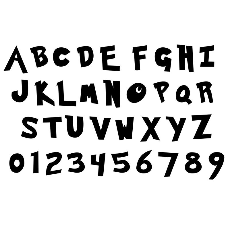 May include: Black and white alphabet and number font with a cartoon style. The letters and numbers are bold and have rounded edges.