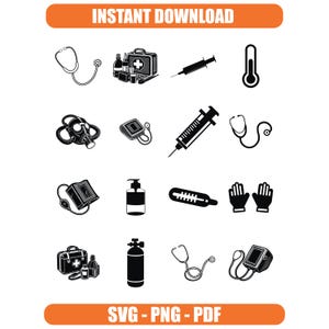 Ensemble d&#39;icônes médicales Clipart SVG médecin infirmière hôpital Silhouette stéthoscope équipement de médecine fichier Cricut usage commercial téléchargement immédiat