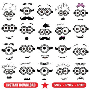 May include: A collection of Minion faces in black, white, and gray, each with unique expressions and hairstyles. The image includes text that says "INSTANT DOWNLOAD" and "SVG - PNG - PDF".