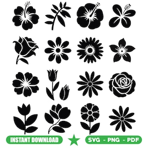 Può includere: Una collezione di silhouette floreali nere, tra cui ibisco, rose, margherite e tulipani, disposte su sfondo bianco. L'immagine include anche il testo "INSTANT DOWNLOAD" e "SVG - PNG - PDF".