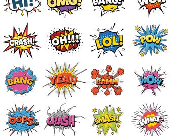 Comic Style Action Svg Bundle,Pop art text,Comic Cartoon Style,Comic Book clipart,Bundle of Comic Style Action Bubbles,Instant download,Png