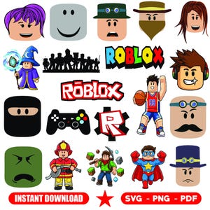 Puede incluir: Una colección de gráficos digitales con personajes, cabezas, logotipos e iconos de Roblox. Incluye un mago, jugador de baloncesto, bombero, superhéroe, mando de juego y varias expresiones faciales. El texto incluye Roblox e Instant Download.