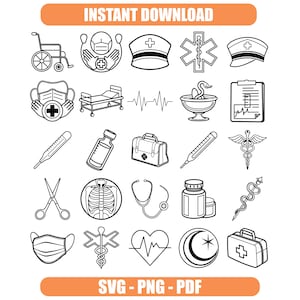 Ensemble d&#39;icônes médicales Clipart SVG médecin infirmière hôpital Silhouette stéthoscope équipement de médecine fichier Cricut usage commercial téléchargement immédiat