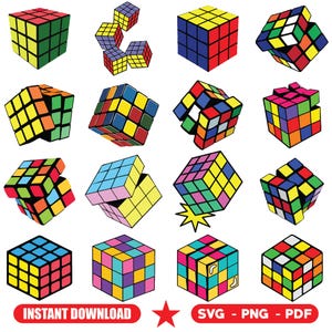 May include: A collection of colorful Rubik's Cubes in various states of completion. The cubes feature a grid of squares in red, blue, yellow, green, orange, and white. The image includes the text "INSTANT DOWNLOAD" and "SVG - PNG - PDF".
