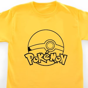 May include: Yellow t-shirt with a black outline of a Pokeball and the word "Pokemon" printed on the front.