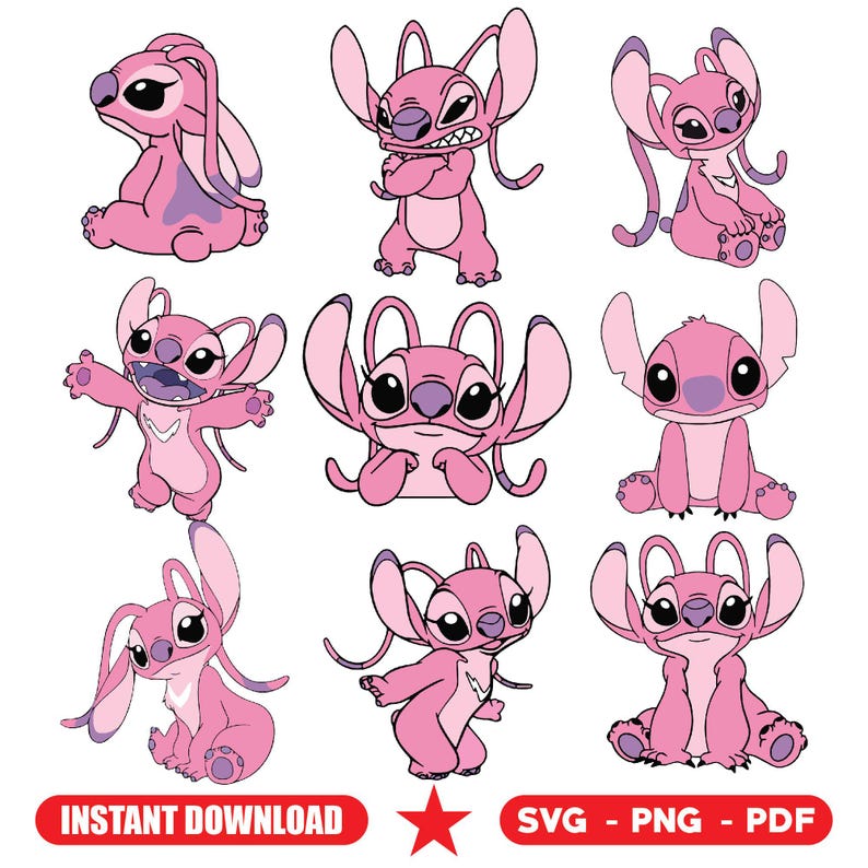 May include: A collection of nine pink cartoon character illustrations in various poses. The character has large ears, black eyes, and a purple nose. The image includes the text "INSTANT DOWNLOAD" and "SVG - PNG - PDF".