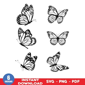 Pacote SVG de borboletas, 6 designs exclusivos de borboletas SVG, borboletas SVG em camadas, arquivos de borboletas para Cricut, clipart de borboletas, svg, png