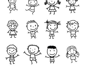 Puede incluir: Una colección de doce figuras de niños dibujadas con líneas negras sobre un fondo blanco. La imagen incluye el texto "INSTANT DOWNLOAD" y "SVG - PNG - PDF".