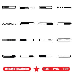 Puede incluir: Una colección de iconos de barras de carga en blanco y negro en varias etapas de finalización. La imagen incluye el texto "LOADING" y "LOADING..." junto con las palabras "INSTANT DOWNLOAD" y "SVG - PNG - PDF".