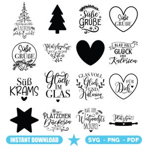 May include: A selection of black and white Christmas-themed digital designs in SVG, PNG, and PDF formats. Features tree and star shapes, hearts, and phrases such as "Sweet Greetings" and "Christmas Bakery". The words "Instant Download" are also visible.