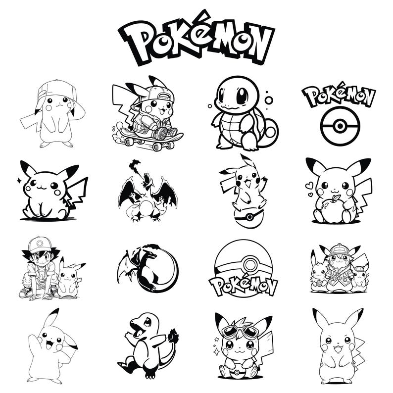 May include: Black and white line art illustrations of various Pokemon characters, including Pikachu, Squirtle, Charmander, and Bulbasaur. The word "Pokemon" is written in a stylized font at the top of the image.