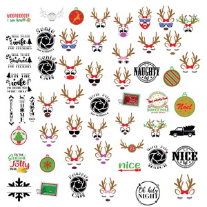 Peut inclure: Graphiques sur le thème de Noël avec des visages de rennes ornés d'accessoires variés. Comprend des éléments textuels tels que "Santa Surveillance Cam", "Naughty List" et "Oh holy night".
