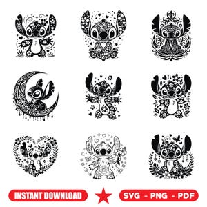 Op de afbeelding: Een verzameling van negen zwart-wit illustraties van het personage Stitch in verschillende decoratieve stijlen. De ontwerpen omvatten bloempatronen, hartvormen en een maan. De afbeelding bevat ook de tekst "INSTANT DOWNLOAD" en "SVG - PNG - PDF".