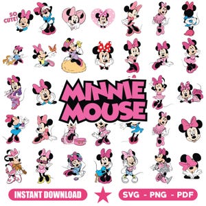 May include: A selection of Minnie Mouse illustrations in diverse poses and attire, with the text "MINNIE MOUSE" in pink. The image includes the text "SO CUTE!" and "INSTANT DOWNLOAD" and the file types "SVG - PNG - PDF".