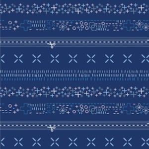 May include: A seamless pattern with a blue background and white and light blue geometric shapes. The pattern includes lines of small crosses, circles, and squares.