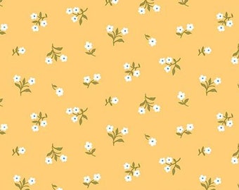 May include: A seamless pattern featuring small white flowers with green stems on a yellow background.