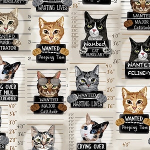 Cat Mugshots Beige - Timeless Treasures Fabric - 100% Quilters Cotton