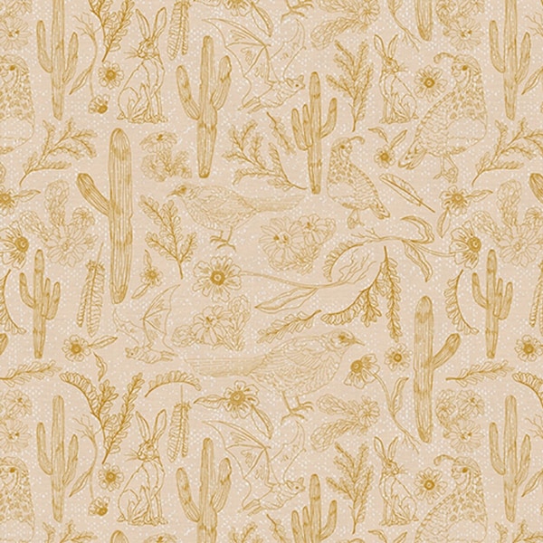 Desert Menagerie Gold - Saguaro à la recherche d'herbes salées - Western Wildflower Studio - Paintbrush Studio tissu 100 % coton courtepointe