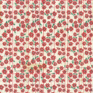 Puede incluir: Flores de poinsettia rojas sobre un fondo blanco con rayas rojas y verdes. El fondo tiene un aspecto vintage con escritura descolorida.