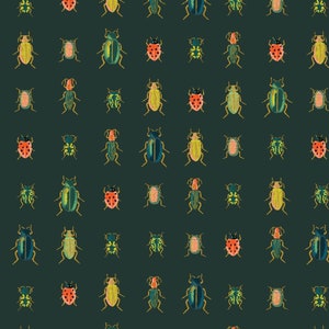 May include: Dark teal fabric with a repeating pattern of colorful beetles. The beetles are in shades of yellow, green, blue, and red. The fabric has a ruler along the bottom edge with the text "COTTON + STEEL" and "We make pretty fabrics."