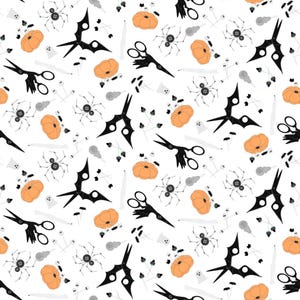 May include: A repeating pattern on a white background featuring black scissors, orange pumpkins, and gray spiders. Small white shapes are scattered throughout the design. The pattern is suitable for Halloween-themed products.