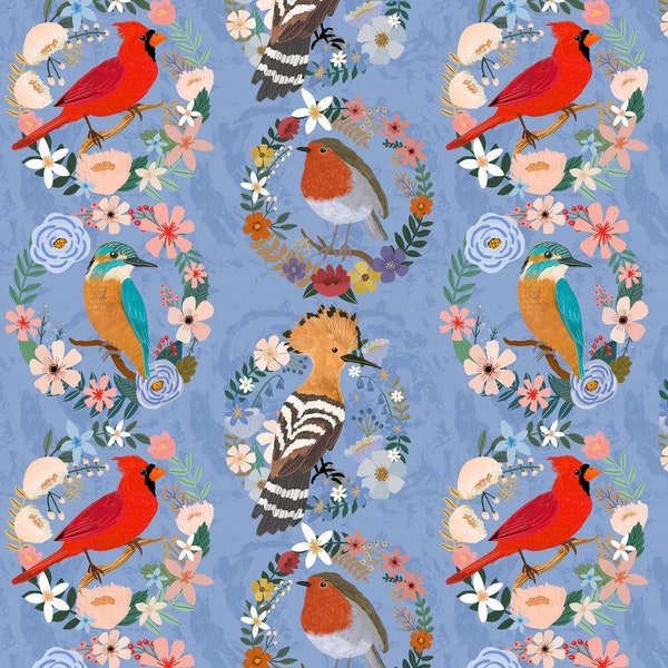 Bird Wreaths Blue  - Bird Garden - Mia Charro - Freespirit Fabrics 100% Quilters Cotton