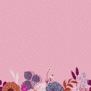 May include: A pink floral pattern with a repeating design of various flowers in shades of pink, orange, blue, and purple. The background is a light pink with small white polka dots.