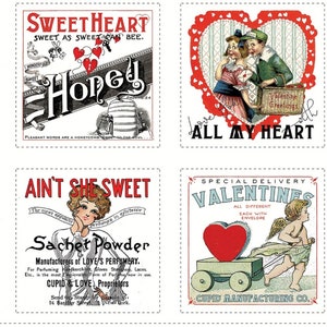 Puede incluir: Un anuncio vintage del Día de San Valentín con seis productos diferentes. El anuncio de la parte superior izquierda presenta una pareja con el texto "Grow Fonder" y "Hello Honey". El anuncio de la parte superior central presenta un corazón con el texto "Sweetheart" y "Honey". El anuncio de la parte superior derecha presenta una pareja con el texto "Love with All My Heart". El anuncio de la parte inferior izquierda presenta una botella de perfume con el texto "Crab Apple Blossom" y "Perfumery Co.". El anuncio de la parte inferior central presenta un polvo para saquitos con el texto "Ain't She Sweet" y "Sachet Powder". El anuncio de la parte inferior derecha presenta un cupido entregando una caja en forma de corazón con el texto "Special Delivery Valentines".