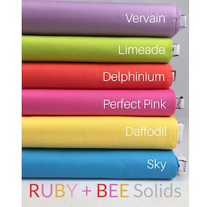 Pode incluir: Um conjunto de seis amostras de tecido em diferentes cores, incluindo roxo, verde, laranja, rosa, amarelo e azul. As amostras de tecido são etiquetadas com os nomes Vervain, Limeade, Delphinium, Perfect Pink, Daffodil e Sky. O texto "RUBY + BEE Solids" está na parte inferior da imagem.