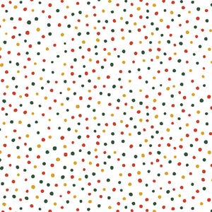 Pode incluir: Fundo branco coberto por um padrão de pequenos pontos dispersos aleatoriamente. Os pontos são em várias cores, incluindo vermelho, verde e dourado. O efeito geral é um design festivo, semelhante a confetes.