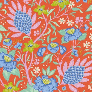 May include: A seamless pattern featuring a vibrant red background with blue, green, and pink floral designs. The pattern includes stylized flowers, leaves, and stems.