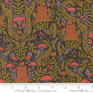 May include: Fabric with a repeating pattern of red-capped mushrooms, tree stumps, snails, and ferns in shades of red, brown, green, and gold on a dark background. The fabric has a whimsical, forest-inspired design.