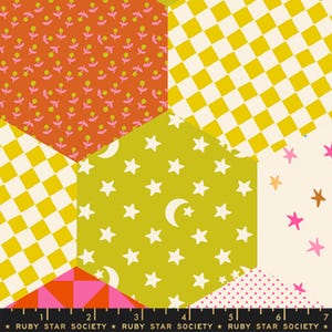 May include: A patchwork fabric design featuring various geometric patterns. The design includes orange floral patterns, yellow and white checkered patterns, and green hexagons with white stars and crescent moons. The bottom edge displays the text "RUBY STAR SOCIETY".