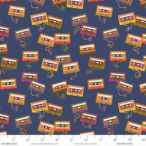 May include: A navy blue fabric with a repeating pattern of colorful cassette tapes. The tapes are in various colors and patterns, including red, yellow, orange, green, and blue. The fabric is perfect for quilting, sewing, and crafting.