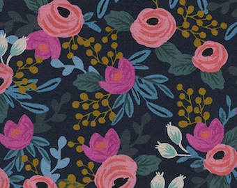 Rosa Navy -  Cotton/Linen CANVAS - Menagerie - Anna Bond Rifle Paper Co - Cotton + Steel - 8012-022 Per Half Yard