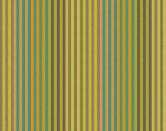 May include: A fabric with a striped pattern in shades of green, yellow, brown, and blue. The fabric is woven with thin vertical stripes.