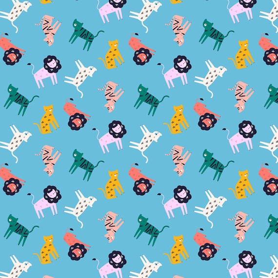 Tossed Wild Cats Turquoise - Indian Summer - Nina Ghataora - Dashwood Studio - Quilters Cotton INDI2427