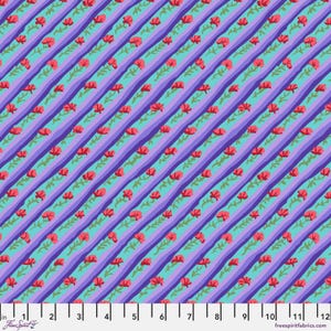 May include: A fabric pattern featuring diagonal stripes in shades of purple and teal, adorned with red flowers and green leaves. The design is repeated across the fabric, creating a visually appealing textile.
