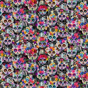 May include: A repeating pattern of cat faces decorated with sugar skull designs and colourful flowers. The cats have skeleton-like features and are adorned with vibrant floral arrangements in shades of pink, purple, blue, and yellow against a black background.