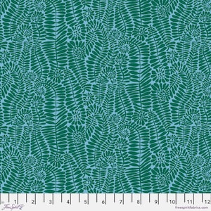 May include: A teal blue fabric with a repeating pattern of green leafy branches and stylised flowers.