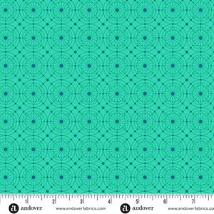 May include: A teal fabric with a repeating geometric pattern of circles and lines in a darker teal color. The design creates a grid-like structure with circular motifs at the intersections. The fabric has a ruler at the bottom with the Andover Fabrics logo.